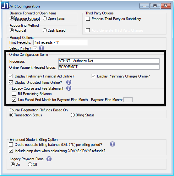 Accounts Receivable Configuration Window in J1 Desktop