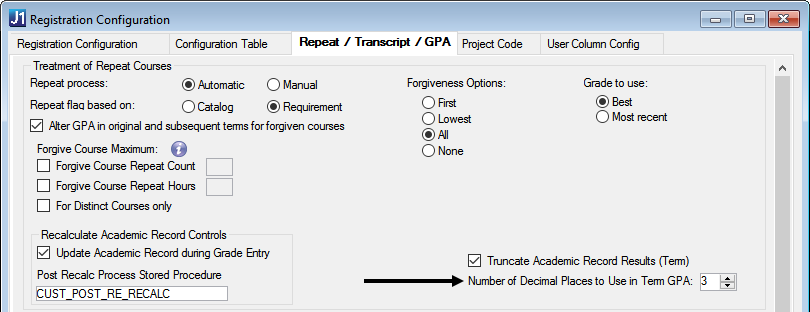 Registration Configuration window, Repeat / Transcript / GPA tab in J1 Desktop showing the selector for "Number of Decimal Places to Use in Term GPA"