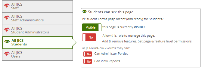 Example permissions page for students who are able to see the Student Forms page.