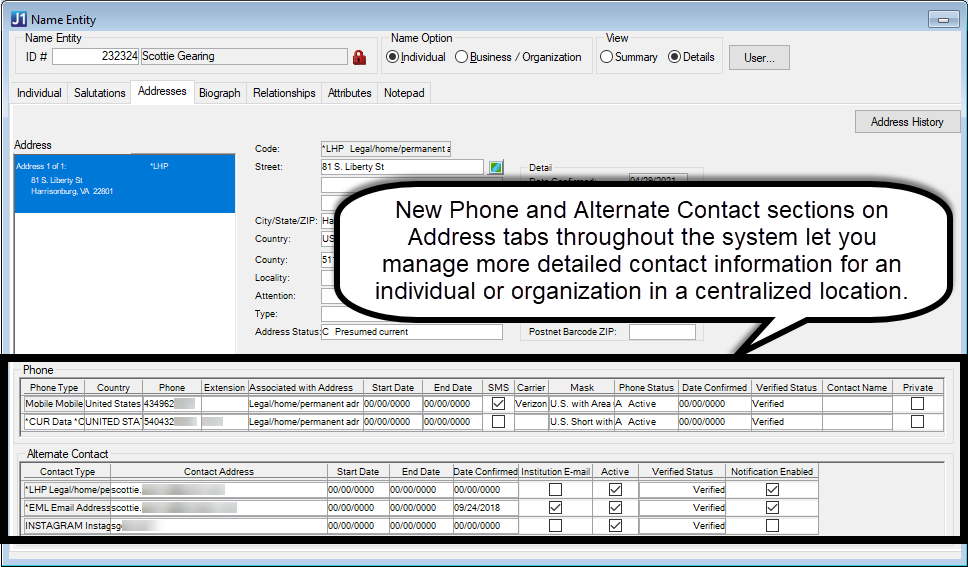 Image shows the Name Entity window, Addresses tab with the new Phone and Alternate Contact sections highlighted.