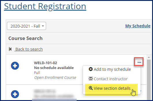 Student Registration page, View section details from the Course Search page.