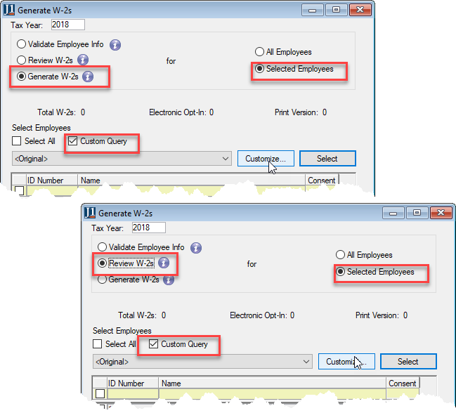 Generate W-2s window with the select employees via query option selected.