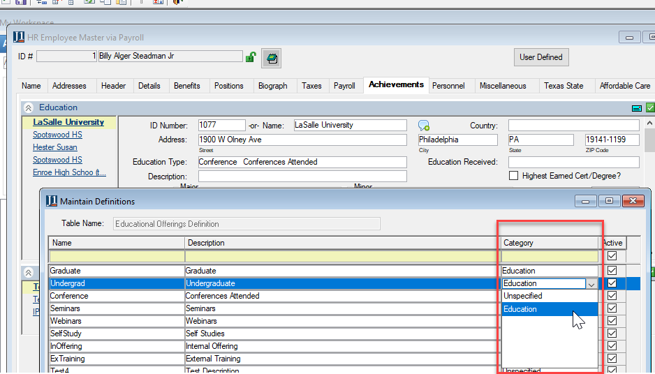 Maintain Definitions window, Category column highlighted.