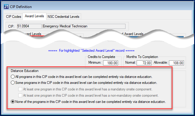 CIP Definition window, Distance Education section.
