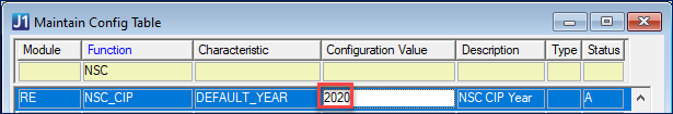 Maintain Config Table window with Configuration Value set to 2020 for RE Module, NSC_CIP Function and DEFAULT_YEAR Characteristic.
