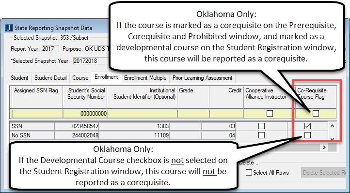 State Reporting Snapshot Data window with information about Oklahoma specific options.